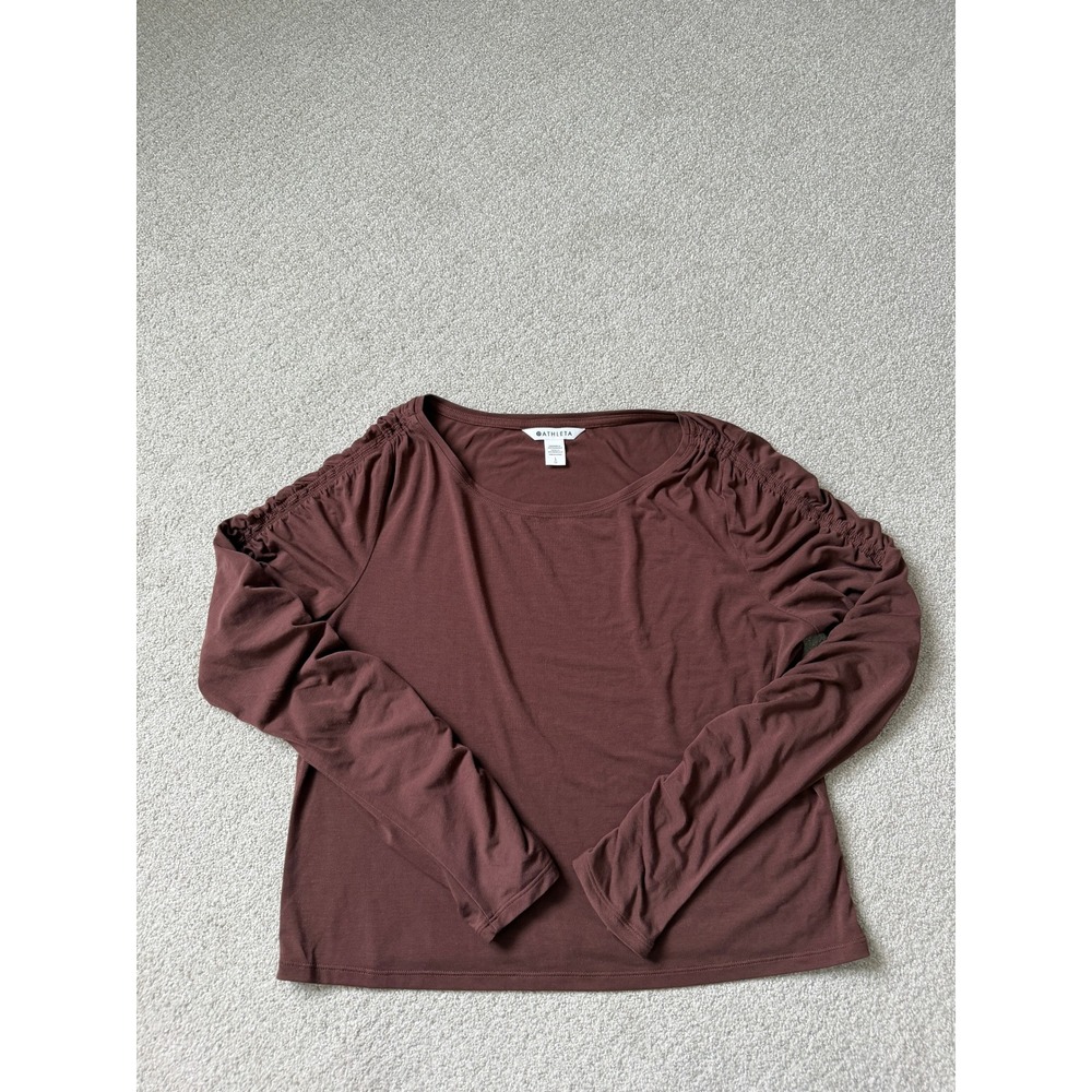 Athleta Athleisure‎ Top Size L Brown Ruched Sleeve Crew Neck Long Sleeve Shirt